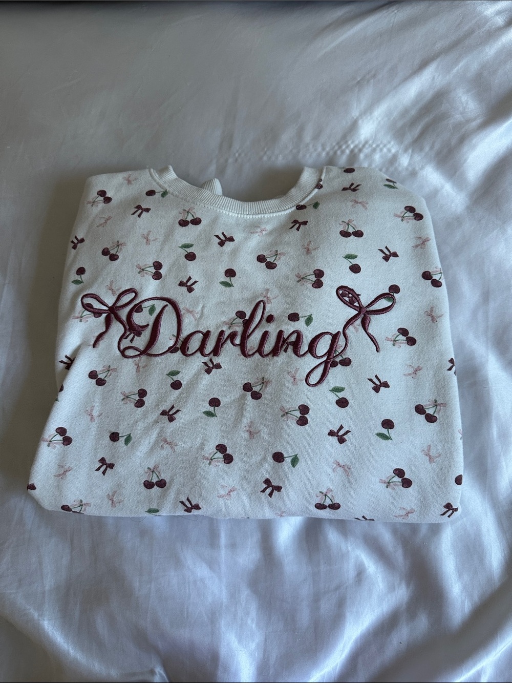 White Kids Pajama Top with Cherry Print and 'Darling' Embroidery